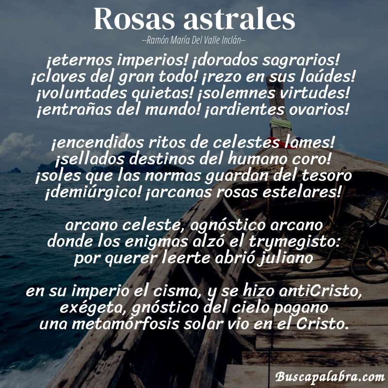 Poema rosas astrales de Ramón María del Valle Inclán con fondo de barca