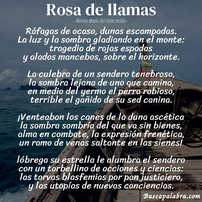 Poema rosa de llamas de Ramón María del Valle Inclán con fondo de barca