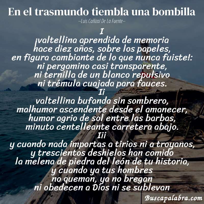 Poema en el trasmundo tiembla una bombilla de Luis Cañizal de la Fuente con fondo de barca