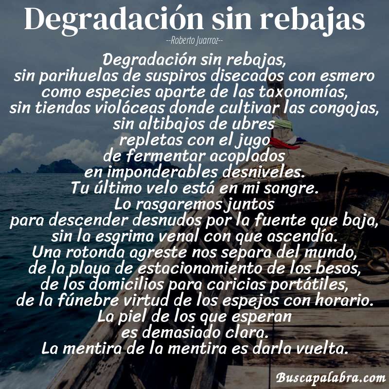 Poema degradación sin rebajas de Roberto Juarroz con fondo de barca