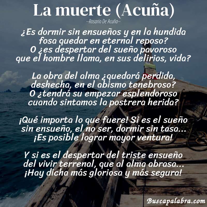 Poema La muerte (Acuña) de Rosario de Acuña con fondo de barca