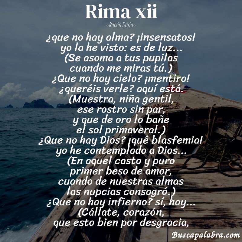 Poema rima xii de Rubén Darío con fondo de barca