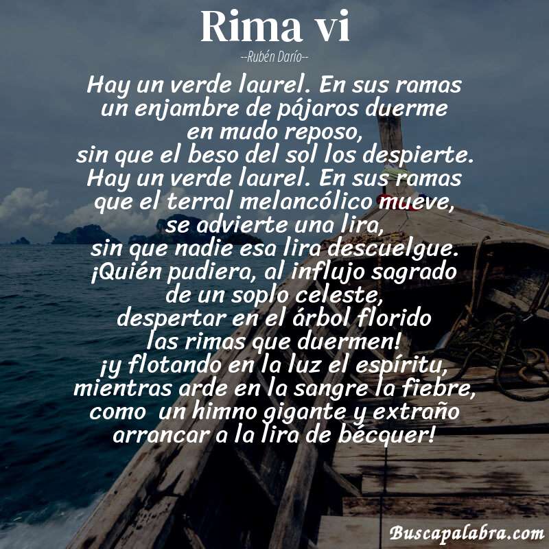 Poema rima vi de Rubén Darío con fondo de barca