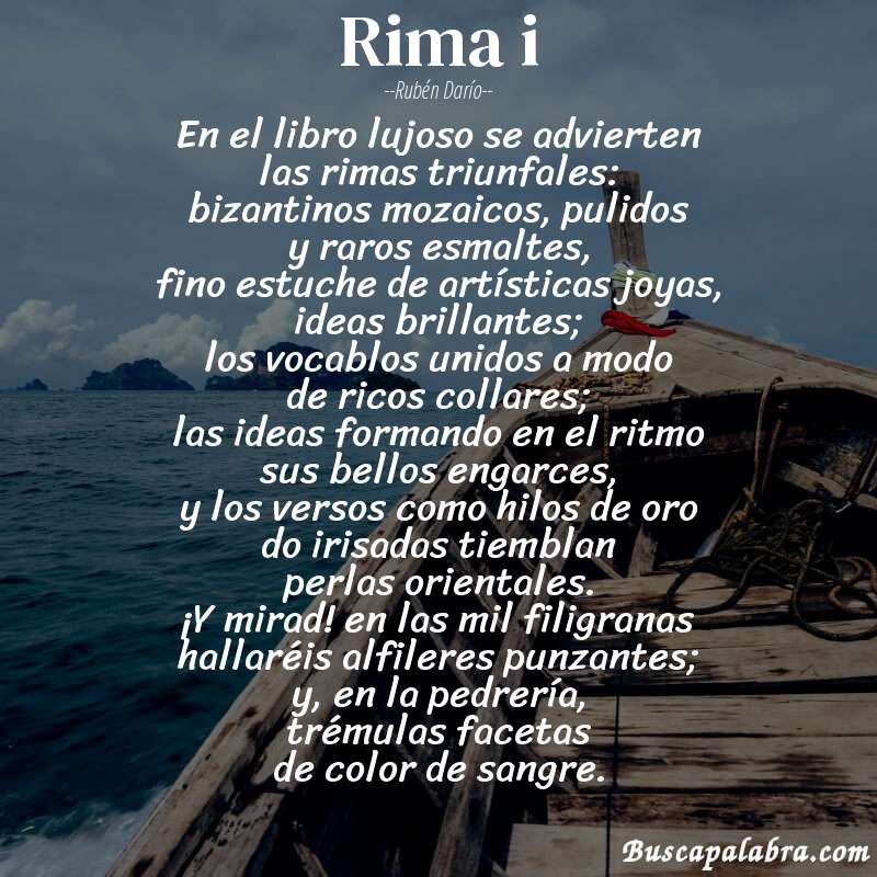 Poema rima i de Rubén Darío con fondo de barca