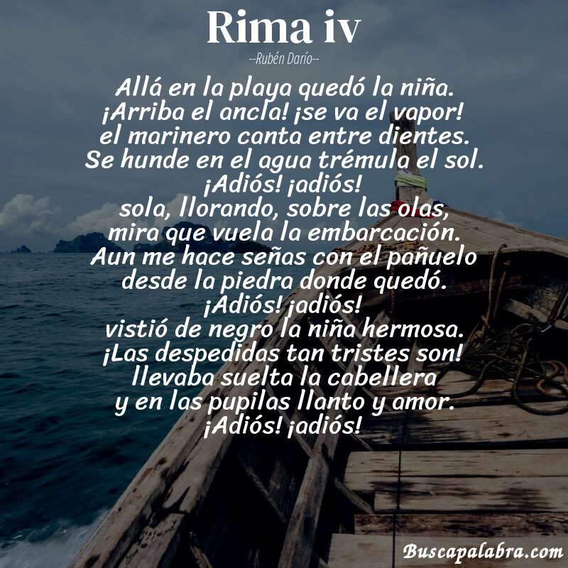 Poema rima iv de Rubén Darío con fondo de barca
