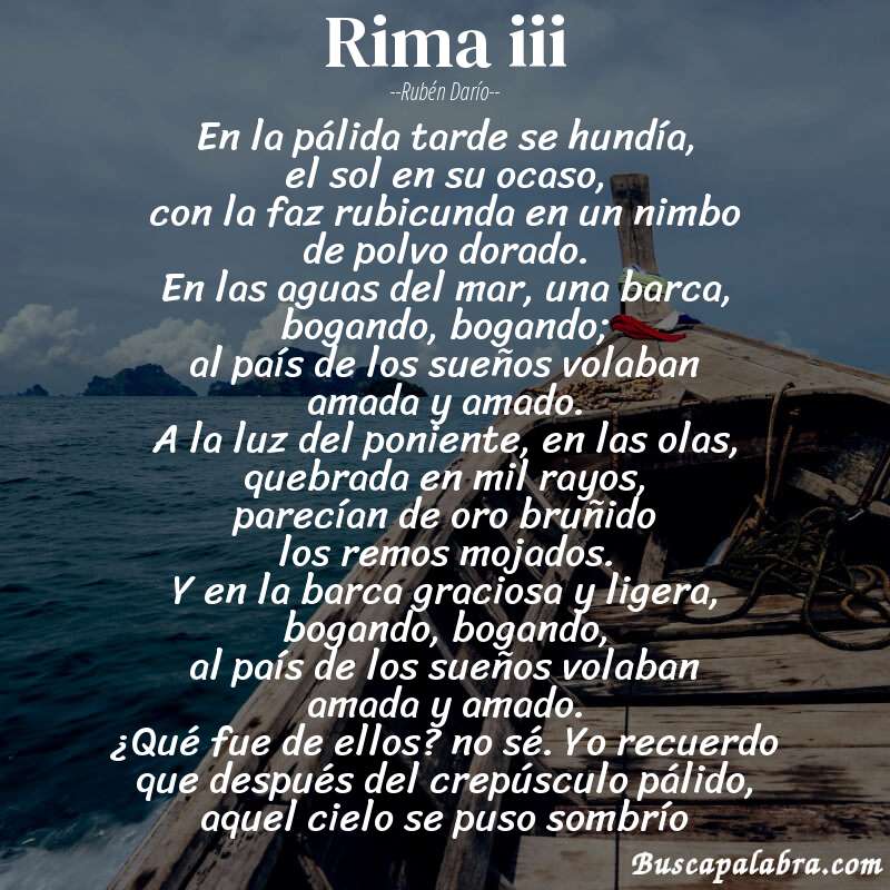 Poema rima iii de Rubén Darío con fondo de barca