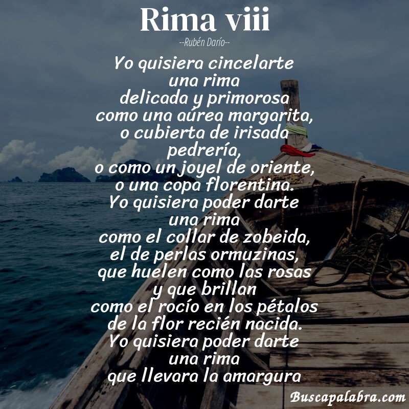 Poema rima viii de Rubén Darío con fondo de barca