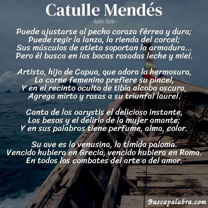 Poema Catulle Mendés de Rubén Darío con fondo de barca