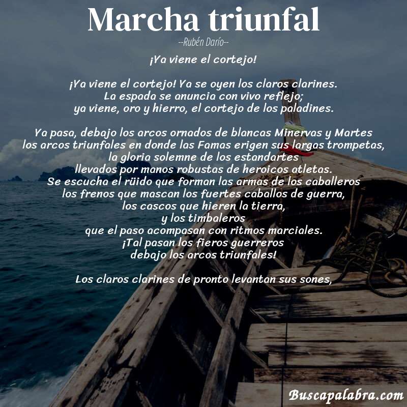 Poema Marcha triunfal de Rubén Darío con fondo de barca