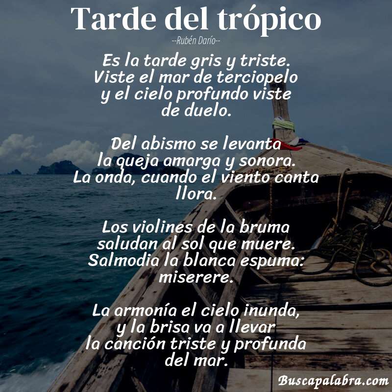 Poema Tarde del trópico de Rubén Darío con fondo de barca
