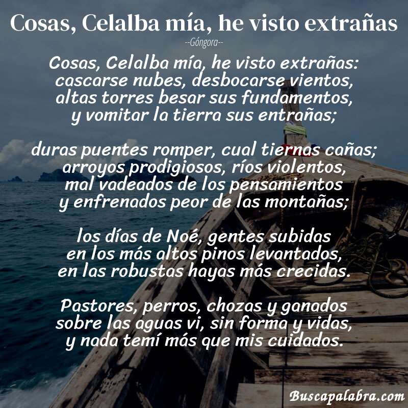 Poema Cosas, Celalba mía, he visto extrañas de Góngora con fondo de barca