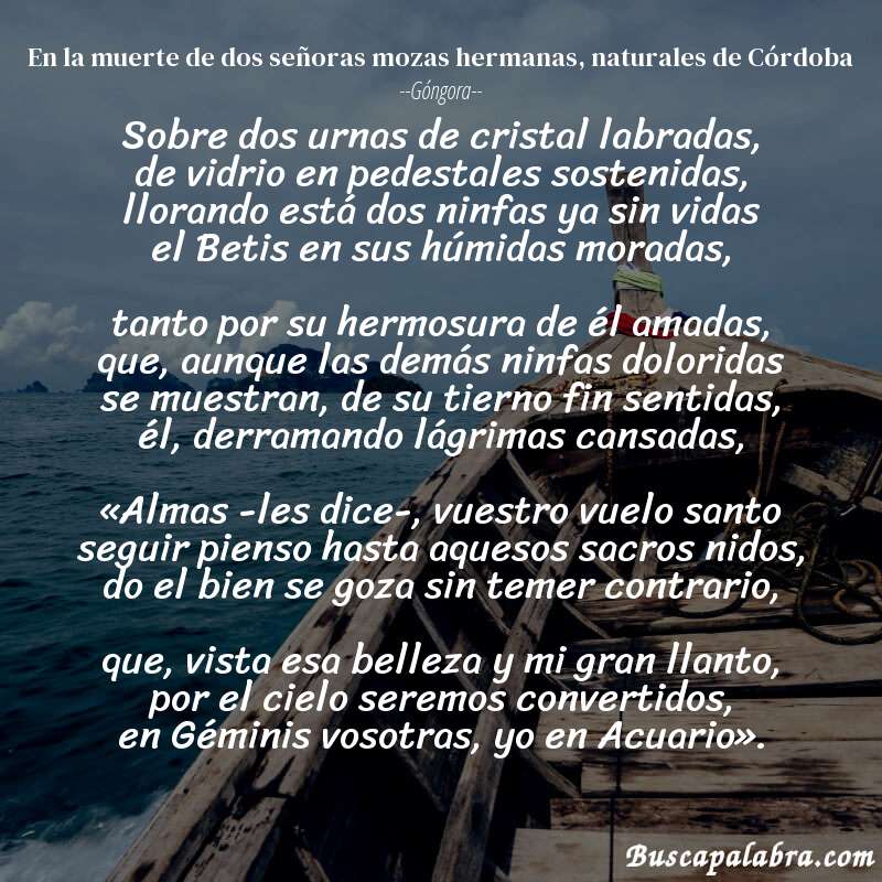 Poema En la muerte de dos señoras mozas hermanas, naturales de Córdoba de Góngora con fondo de barca