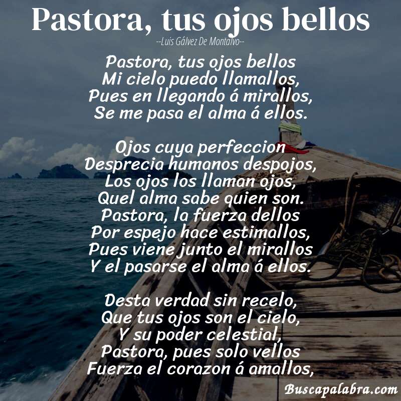 Poema Pastora, tus ojos bellos de Luis Gálvez de Montalvo con fondo de barca