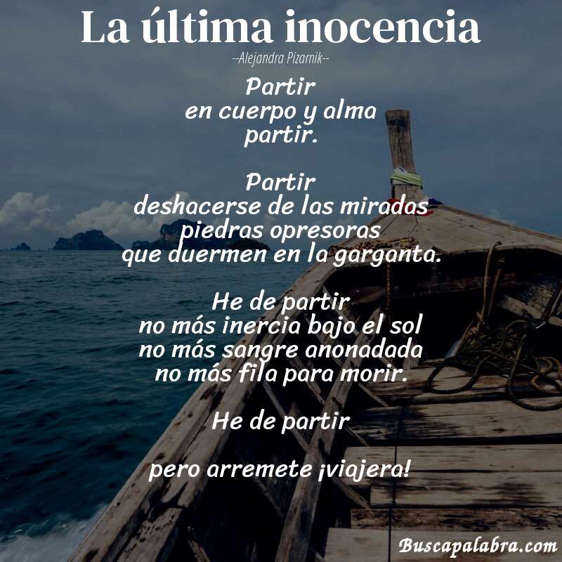 Poema la última inocencia de Alejandra Pizarnik con fondo de barca