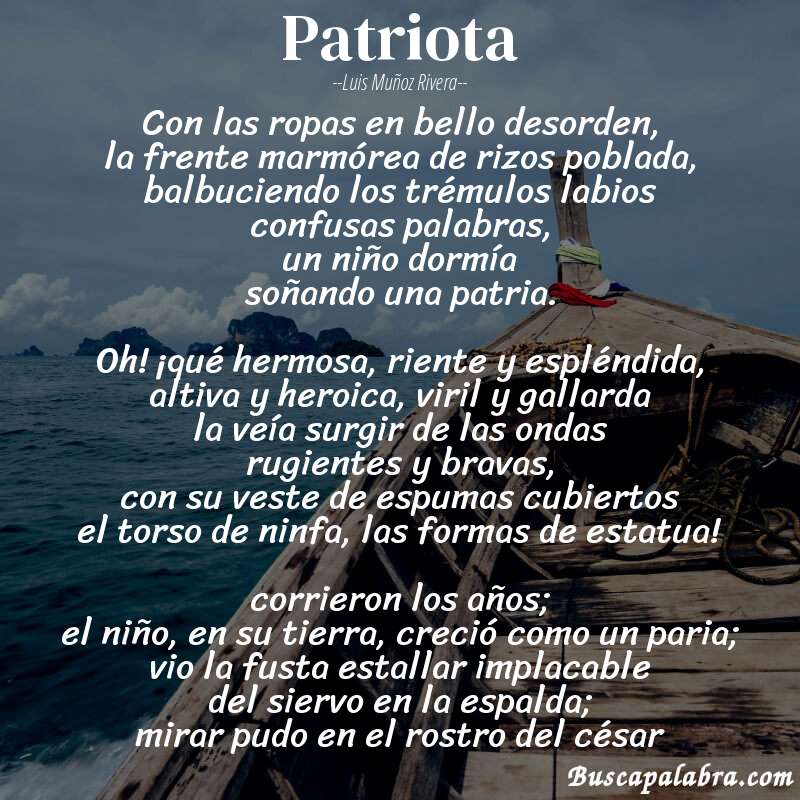 Poema patriota de Luis Muñoz Rivera con fondo de barca
