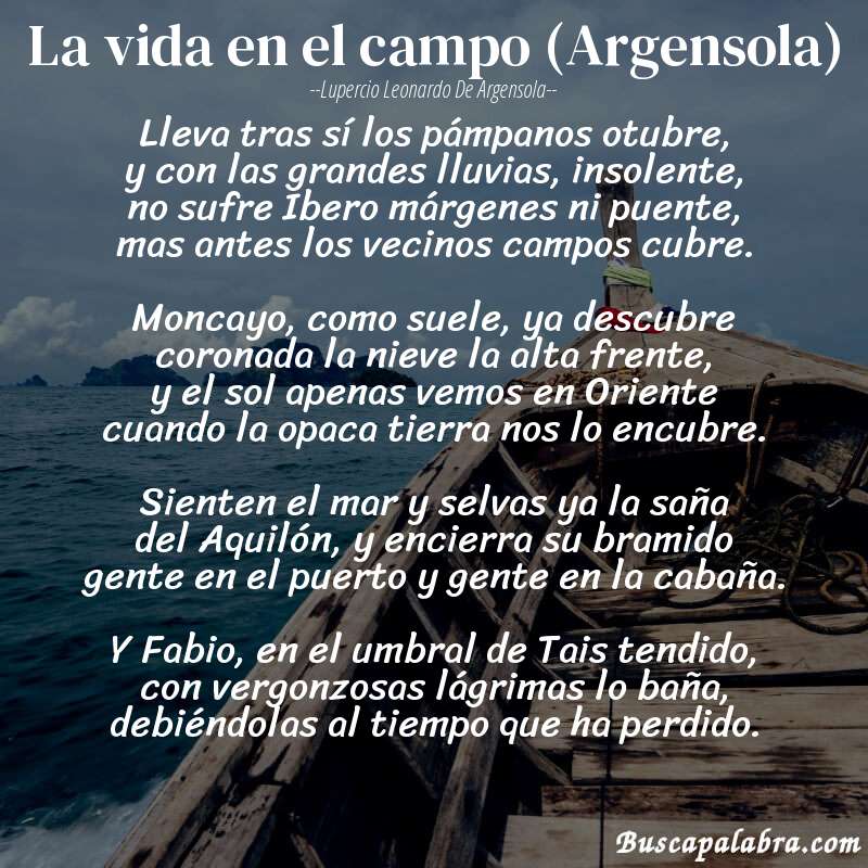 Poema La vida en el campo (Argensola) de Lupercio Leonardo de Argensola con fondo de barca