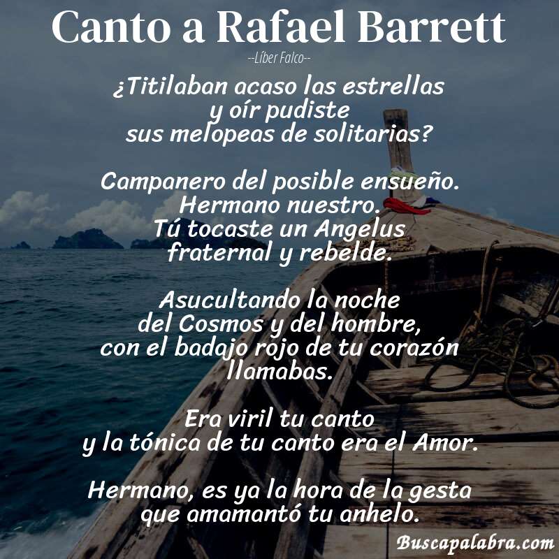 Poema Canto a Rafael Barrett de Líber Falco con fondo de barca