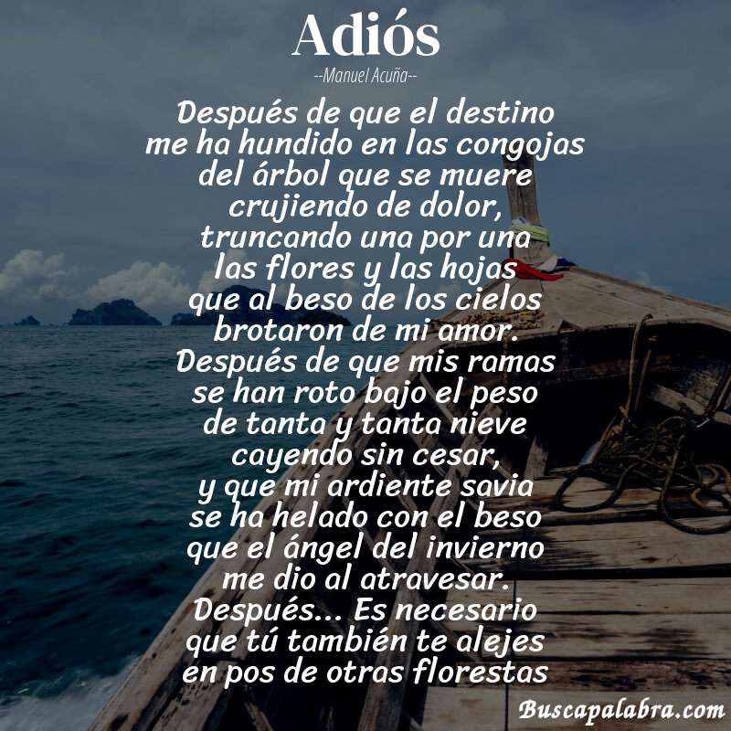 Poema adiós de Manuel Acuña con fondo de barca