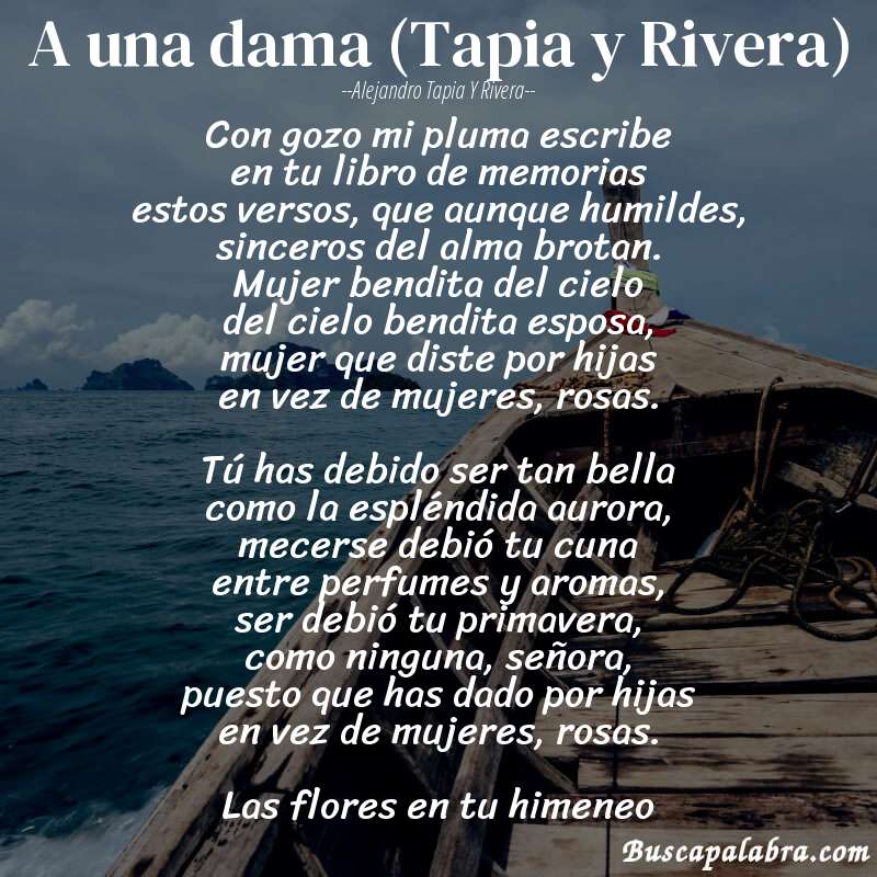Poema A una dama (Tapia y Rivera) de Alejandro Tapia y Rivera con fondo de barca