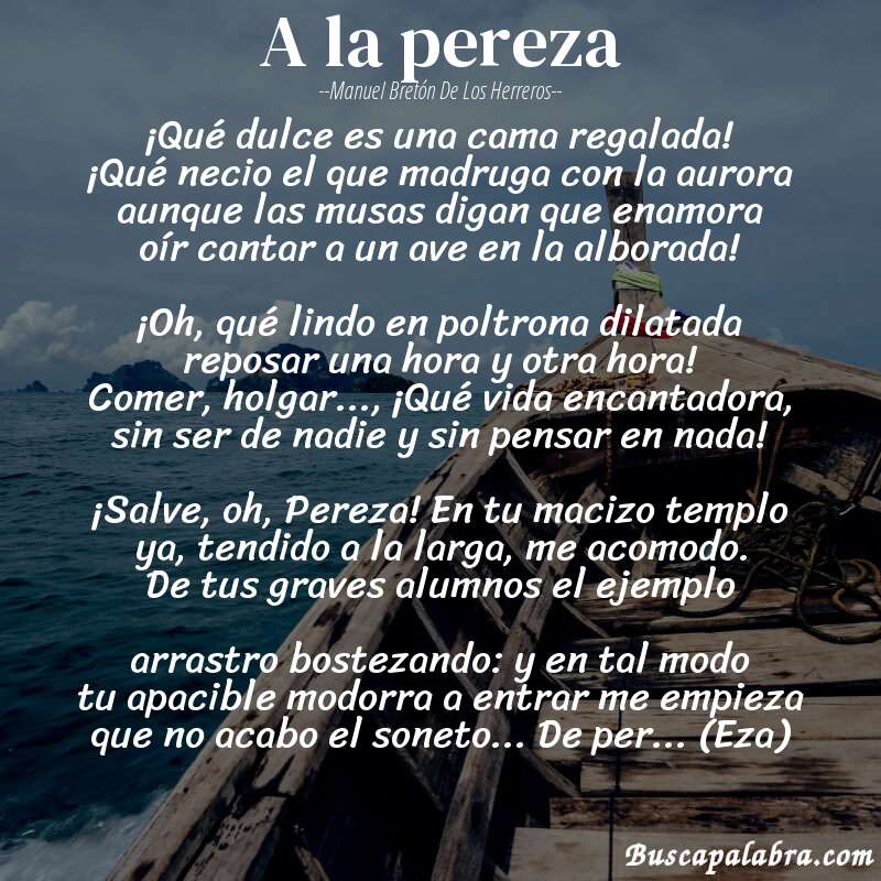 Poema A la pereza de Manuel Bretón de los Herreros con fondo de barca