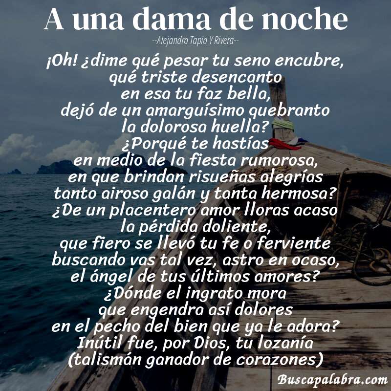 Poema A una dama de noche de Alejandro Tapia y Rivera con fondo de barca