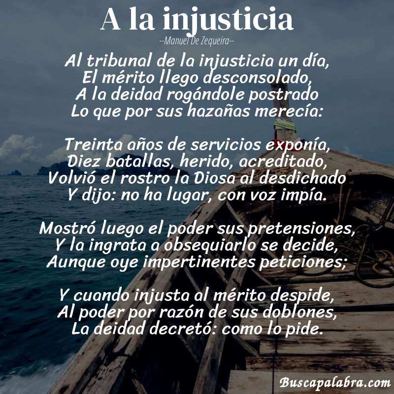Poema A la injusticia de Manuel de Zequeira con fondo de barca