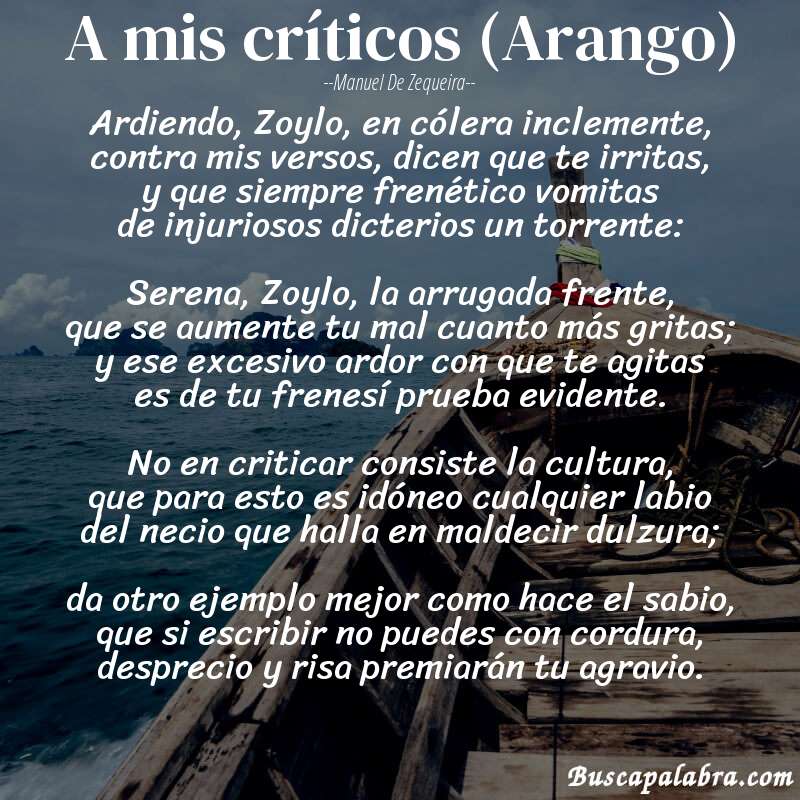 Poema A mis críticos (Arango) de Manuel de Zequeira con fondo de barca