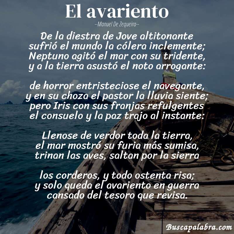 Poema El avariento de Manuel de Zequeira con fondo de barca