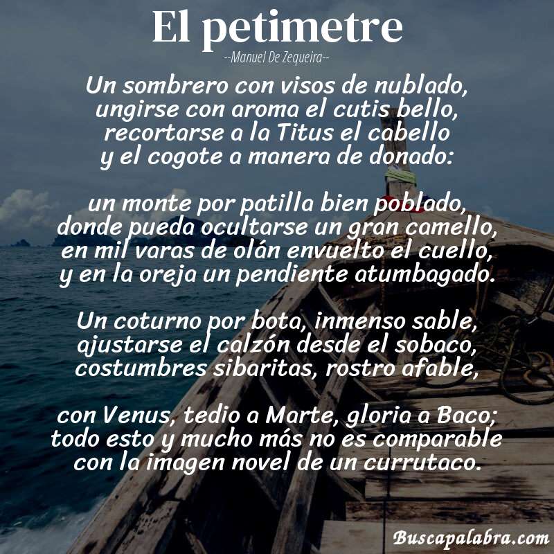 Poema El petimetre de Manuel de Zequeira con fondo de barca