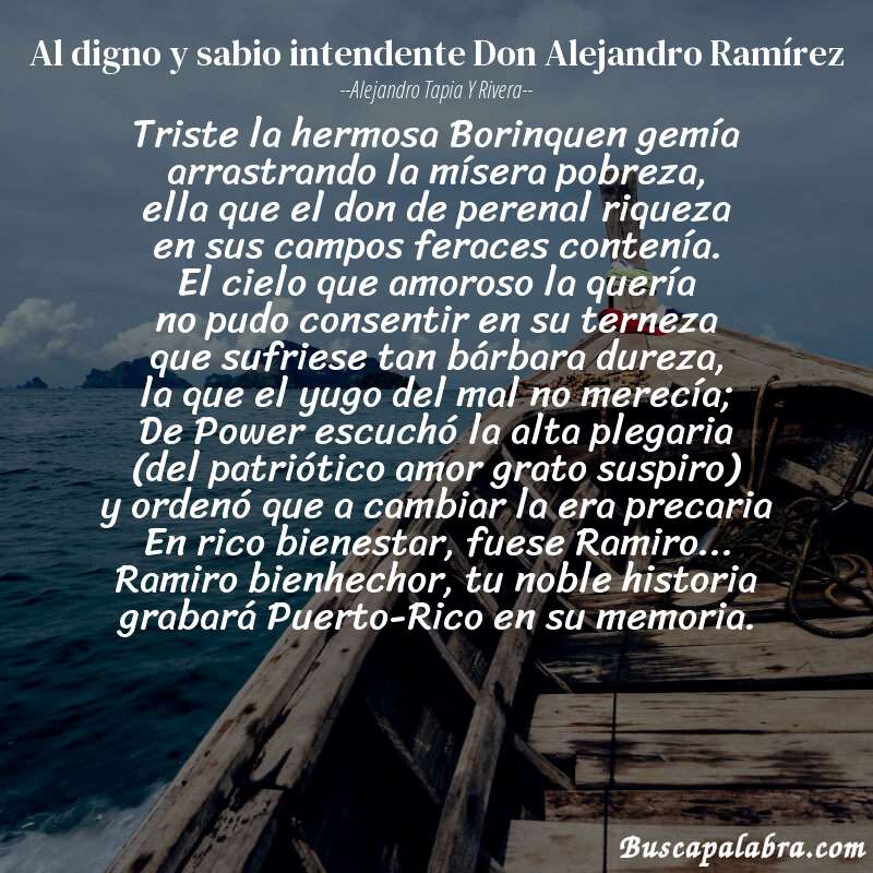 Poema Al digno y sabio intendente Don Alejandro Ramírez de Alejandro Tapia y Rivera con fondo de barca