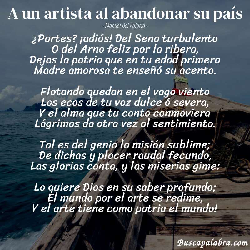 Poema A un artista al abandonar su país de Manuel del Palacio con fondo de barca