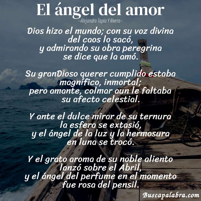 Poema El ángel del amor de Alejandro Tapia y Rivera con fondo de barca