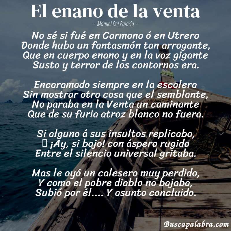 Poema El enano de la venta de Manuel del Palacio con fondo de barca
