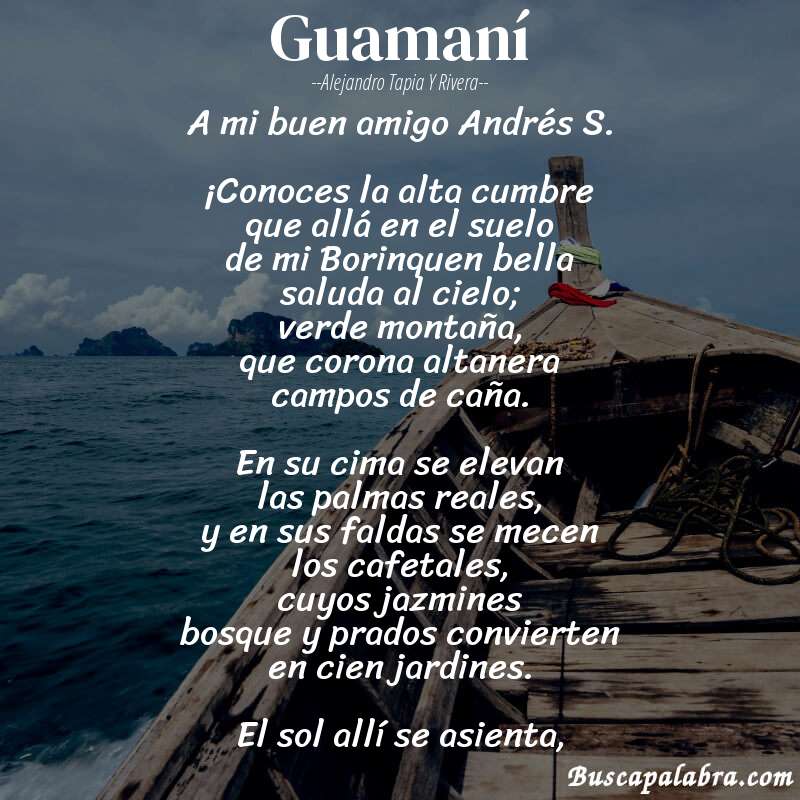 Poema Guamaní de Alejandro Tapia y Rivera con fondo de barca