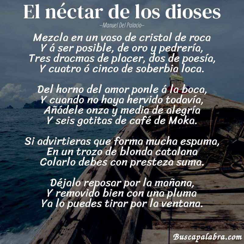 Poema El néctar de los dioses de Manuel del Palacio con fondo de barca