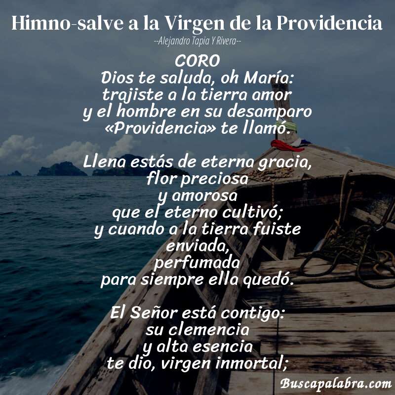Poema Himno-salve a la Virgen de la Providencia de Alejandro Tapia y Rivera con fondo de barca