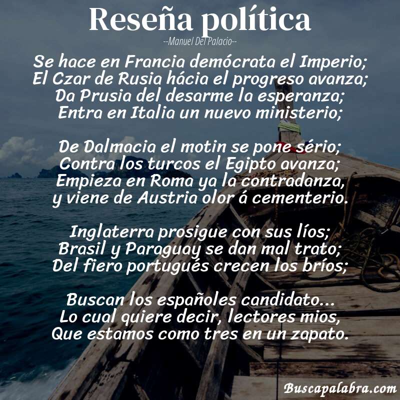 Poema Reseña política de Manuel del Palacio con fondo de barca