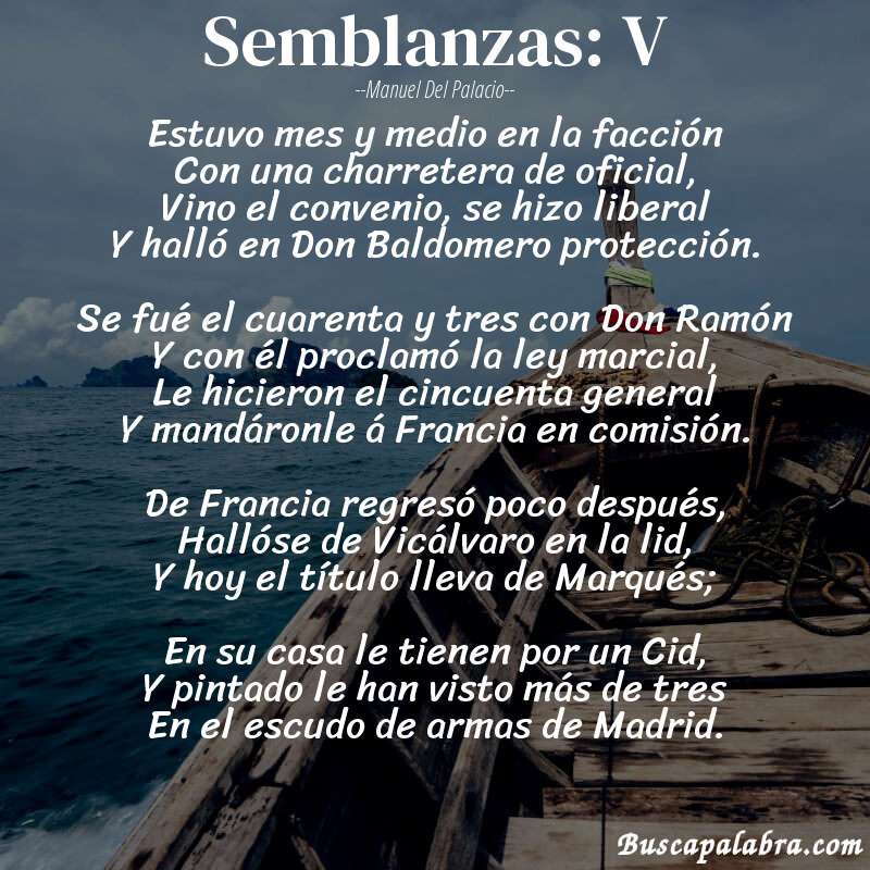 Poema Semblanzas: V de Manuel del Palacio con fondo de barca