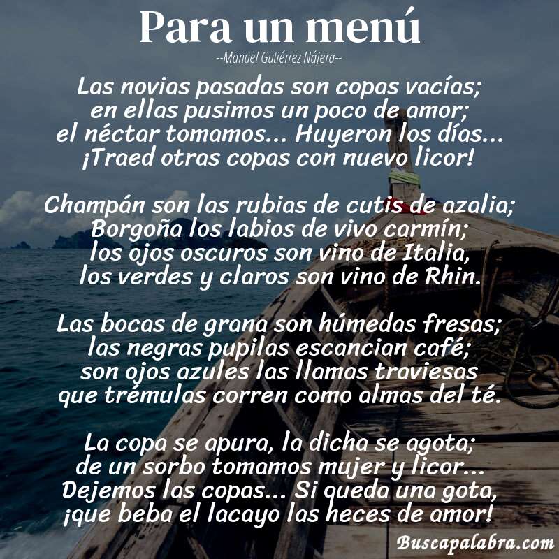 Poema Para un menú de Manuel Gutiérrez Nájera con fondo de barca