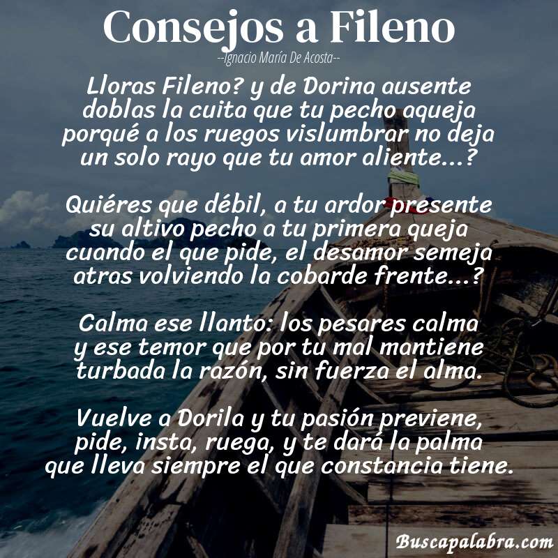 Poema Consejos a Fileno de Ignacio María de Acosta con fondo de barca