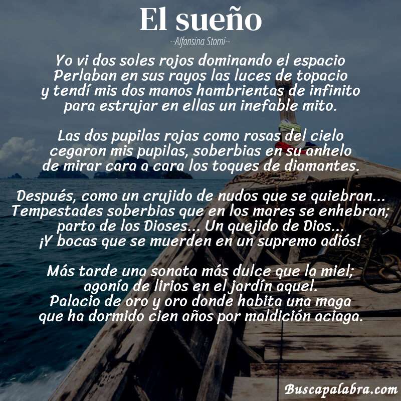 Poema El sueño de Alfonsina Storni con fondo de barca