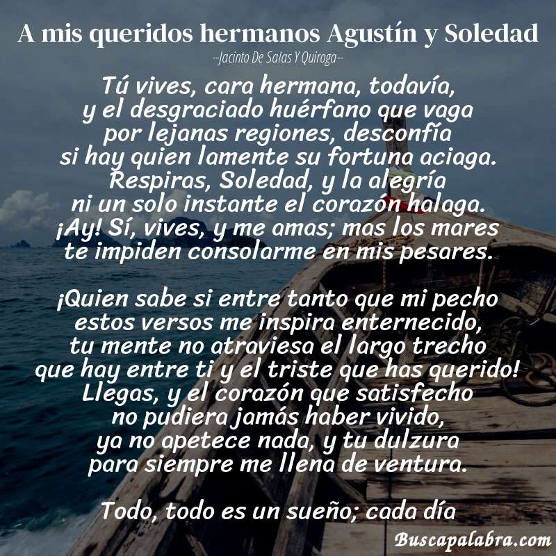 Poema A mis queridos hermanos Agustín y Soledad de Jacinto de Salas y Quiroga con fondo de barca