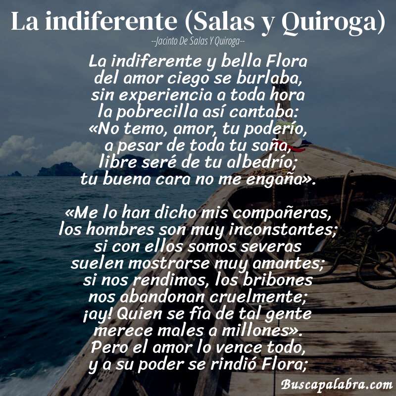 Poema La indiferente (Salas y Quiroga) de Jacinto de Salas y Quiroga con fondo de barca
