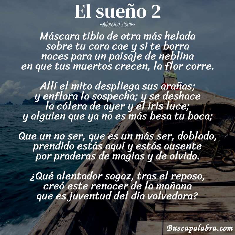 Poema El sueño 2 de Alfonsina Storni con fondo de barca