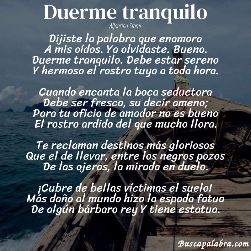 Poema Duerme tranquilo de Alfonsina Storni con fondo de barca