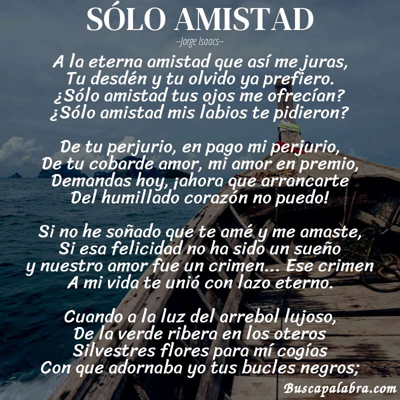 Poema SÓLO AMISTAD de Jorge Isaacs con fondo de barca