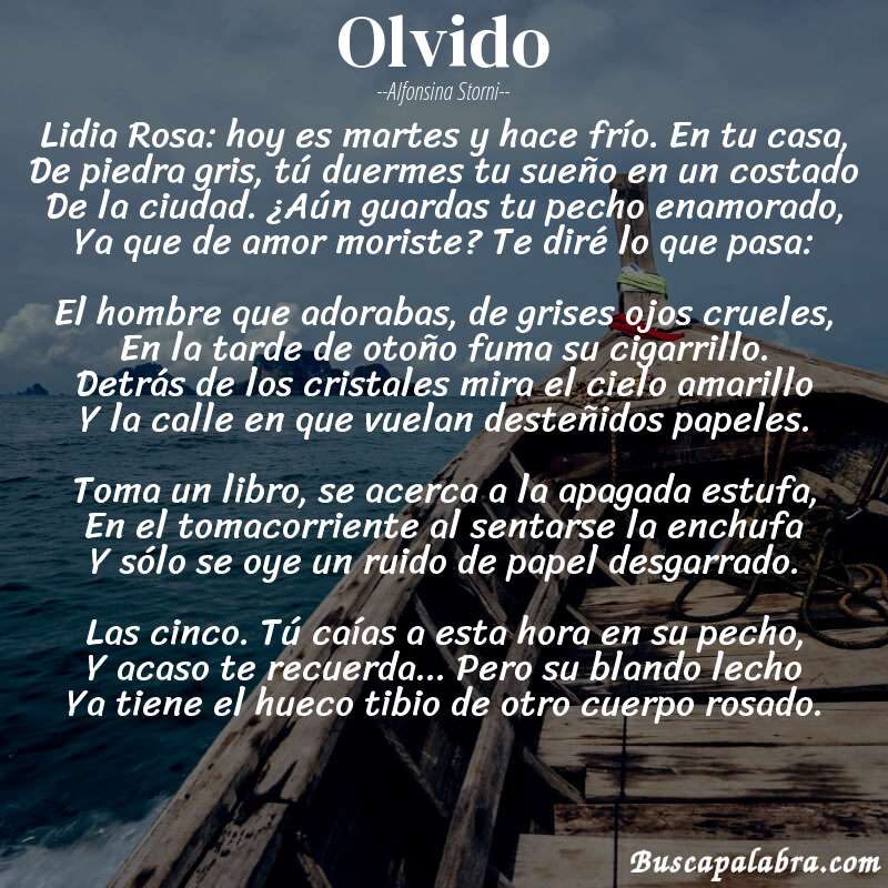 Poema Olvido de Alfonsina Storni con fondo de barca