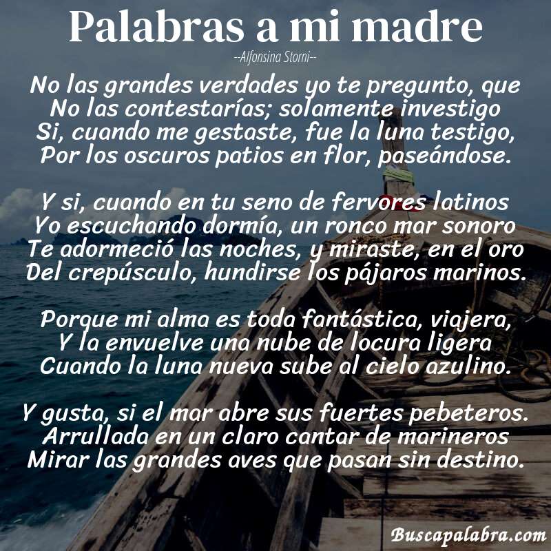 Poema Palabras a mi madre de Alfonsina Storni con fondo de barca