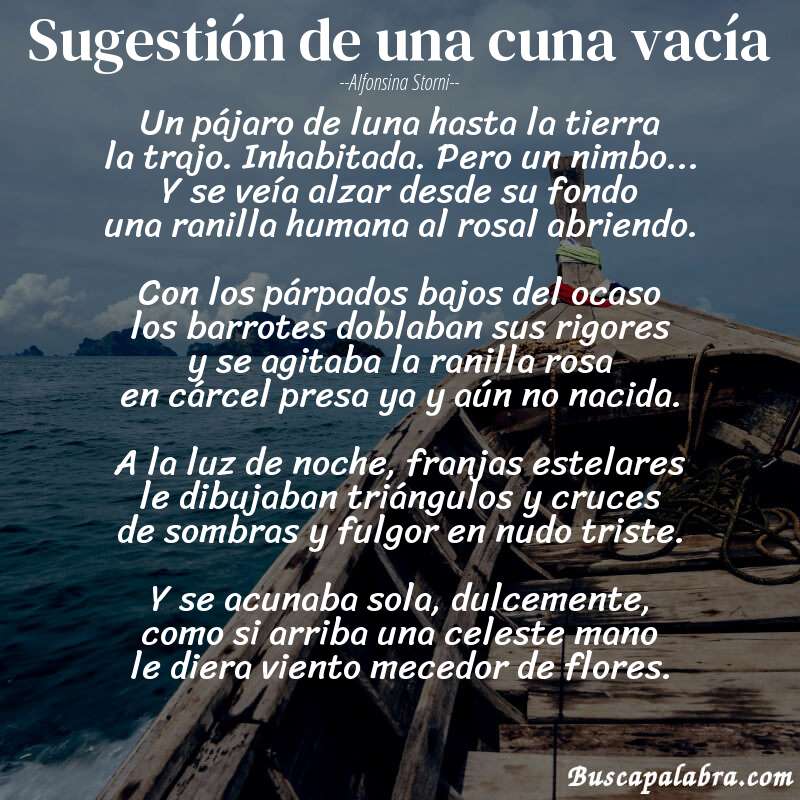 Poema Sugestión de una cuna vacía de Alfonsina Storni con fondo de barca