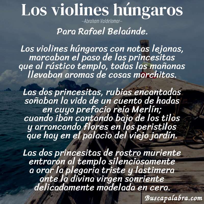 Poema Los violines húngaros de Abraham Valdelomar con fondo de barca